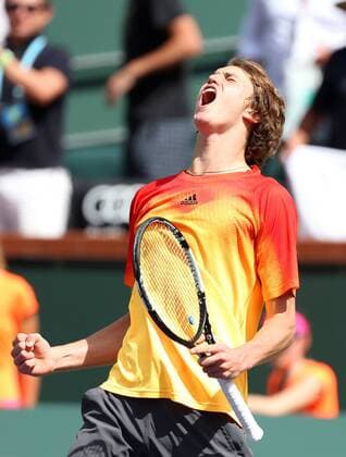 March 13, 2016: Alexander Zverev of Germany celebrates after defeating Grigor Dimitrov of Bulgaria during the 2016 BNP Paribas Open at Indian Wells Tennis Garden in Indian Wells, California. TENNIS 2016: BNP Paribas Open MAR 13 - ZUMAcb8_