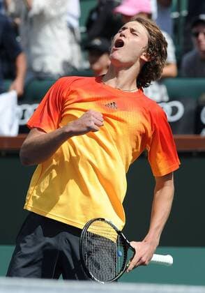 March 13, 2016: Alexander Zverev (GER) reacts after defeating Grigor Dimitrov (BUL) 6-4, 3-6, 6-0 during the second round of the BNP Paribas Open played at the Indian Wells Tennis Garden in Indian Wells, CA. (Photo By John Cordes Icon Sportswire) TENNIS: MAR 13 BNP Paribas Open Icon506160313106 EDITORIAL USE ONLY
