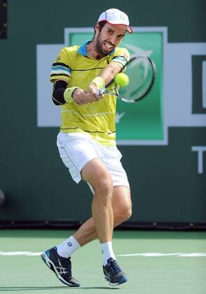 March 13, 2016: Mikhail Kukushkin (KAZ) hits a backhand shot during a match against Kei Nishikori (JPN) during the BNP Paribas Open played at the Indian Wells Tennis Garden in Indian Wells, CA. (Photo By John Cordes Icon Sportswire) TENNIS: MAR 13 BNP Paribas Open Icon506160313130 EDITORIAL USE ONLY