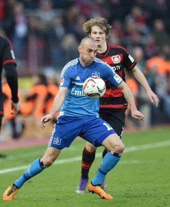 13.03.2016, Fussball, Saison 2015 2016, 1. Bundesliga, 26. Spieltag, Bayer 04 Leverkusen - Hamburger SV 1:0, Josip Drmic (Hamburger SV), li., gegen Tin Jedvaj (Bayer 04 Leverkusen)