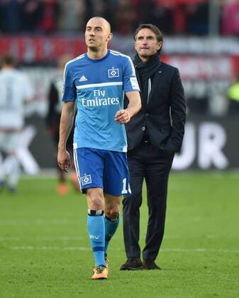 13.03.2016, Fussball, Saison 2015 2016, 1. Bundesliga, 26. Spieltag, Bayer 04 Leverkusen - Hamburger SV 1:0, Trainer Bruno Labbadia (Hamburger SV), re., mit Josip Drmic (Hamburger SV)