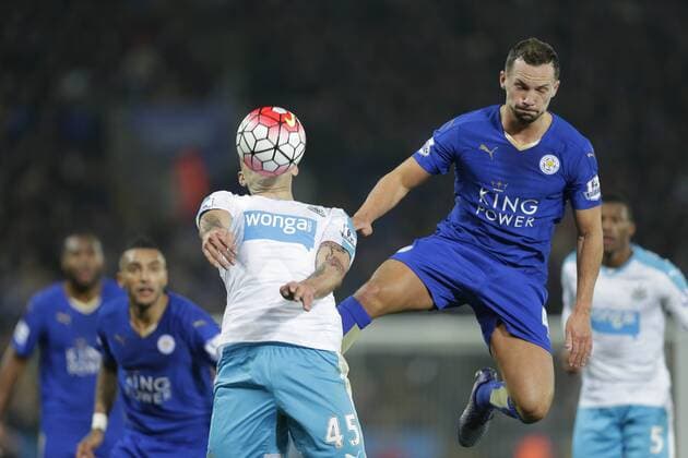 Danny Drinkwater of Leicester City competes with Aleksander Mitrovic of Newcastle during the Barclays Premier League match at The King Power Stadium. Photo credit should read: Malcolm Couzens Sportimage EDITORIAL USE ONLY. No use with unauthorised audio, video, data, fixture lists, club league logos or live services. Online in-match use limited to 120 images, no video emulation. No use in betting, games or single club league player publications.