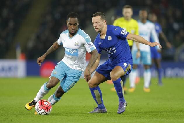 Vurnon Anita of Newcastle competes with Danny Drinkwater of Leicester City during the Barclays Premier League match at The King Power Stadium. Photo credit should read: Malcolm Couzens Sportimage EDITORIAL USE ONLY. No use with unauthorised audio, video, data, fixture lists, club league logos or live services. Online in-match use limited to 120 images, no video emulation. No use in betting, games or single club league player publications.