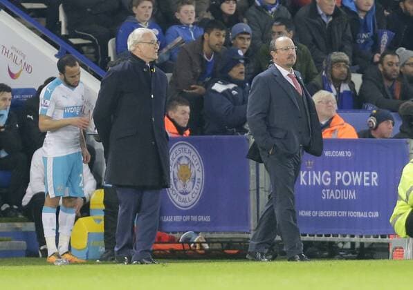 Managers Claudio Ranieri of Leicester City and Rafa Benitez of Newcastle look on during the Barclays Premier League match at The King Power Stadium. Photo credit should read: Malcolm Couzens Sportimage EDITORIAL USE ONLY. No use with unauthorised audio, video, data, fixture lists, club league logos or live services. Online in-match use limited to 120 images, no video emulation. No use in betting, games or single club league player publications.
