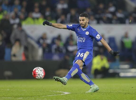Riyad Mahrez of Leicester City shoots at goal during the Barclays Premier League match at The King Power Stadium. Photo credit should read: Malcolm Couzens Sportimage EDITORIAL USE ONLY. No use with unauthorised audio, video, data, fixture lists, club league logos or live services. Online in-match use limited to 120 images, no video emulation. No use in betting, games or single club league player publications.