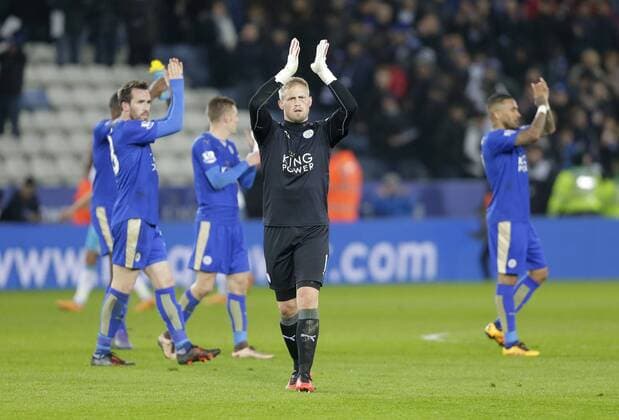 Leicester City goalkeeper Kasper Schmeichel applauds the fans following the Barclays Premier League match at The King Power Stadium. Photo credit should read: Malcolm Couzens Sportimage EDITORIAL USE ONLY. No use with unauthorised audio, video, data, fixture lists, club league logos or live services. Online in-match use limited to 120 images, no video emulation. No use in betting, games or single club league player publications.