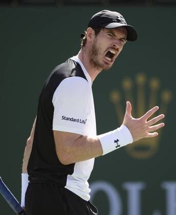 Andy Murray of Britain reacts during his third round men s singles against Federico Delbonis of Argentina at the BNP Paribas Open in Indian Wells, the United States, on March 14, 2016. Murray lost 1-2. Yang Lei) (SP)U.S.-INDIAN WELLS-TENNIS-BNP PARIBAS OPEN YangxLeixC 