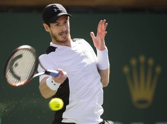 Andy Murray of Britain hits a return during his third round men s singles against Federico Delbonis of Argentina at the BNP Paribas Open in Indian Wells, the United States, on March 14, 2016. Murray lost 1-2. Yang Lei) (SP)U.S.-INDIAN WELLS-TENNIS-BNP PARIBAS OPEN YangxLeixC 