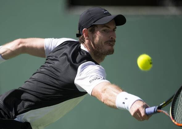 Andy Murray of Britain hits a return during his third round men s singles against Federico Delbonis of Argentina at the BNP Paribas Open in Indian Wells, the United States, on March 14, 2016. Murray lost 1-2. Yang Lei) (SP)U.S.-INDIAN WELLS-TENNIS-BNP PARIBAS OPEN YangxLeixC 