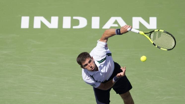 Federico Delbonis of Argentina serves to Andy Murray of Britain during his third round men s singles at the BNP Paribas Open in Indian Wells, the United States, on March 14, 2016. Federico Delbonis won 2-1. Yang Lei) (SP)U.S.-INDIAN WELLS-TENNIS-BNP PARIBAS OPEN YangxLeixC 