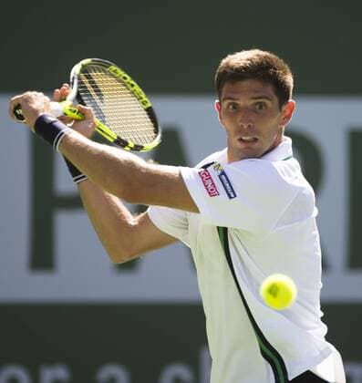 Federico Delbonis of Argentina hits a return during his third round men s singles against Andy Murray of Britain at the BNP Paribas Open in Indian Wells, the United States, on March 14, 2016. Federico Delbonis won 2-1. Yang Lei) (SP)U.S.-INDIAN WELLS-TENNIS-BNP PARIBAS OPEN YangxLeixC 