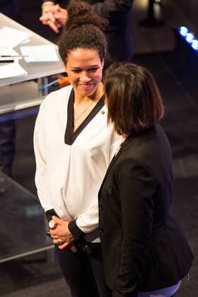 GER, Verleihung Integrationspreis 14.03.2016, Dortmund, Deutsches Fussball Museum, Verleihung des Integrationspreises, im Bild Celia Sasic ( DFB-Integrationsbotschafterin) im Gespräch auf der Bühne nphxRauch