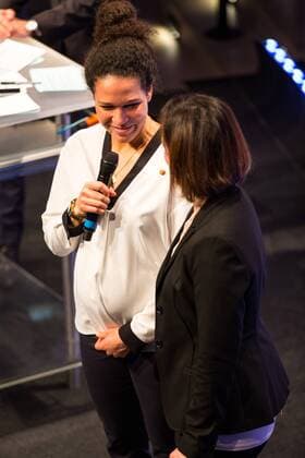 GER, Verleihung Integrationspreis 14.03.2016, Dortmund, Deutsches Fussball Museum, Verleihung des Integrationspreises, im Bild Celia Sasic ( DFB-Integrationsbotschafterin) im Gespräch auf der Bühne nphxRauch
