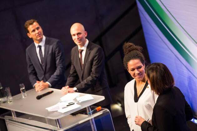 GER, Verleihung Integrationspreis 14.03.2016, Dortmund, Deutsches Fussball Museum, Verleihung des Integrationspreises, im Bild Oliver Bierhoff (Manager Nationalmannschaft), Dirk Jakobs (Daimler AG) Celia Sasic ( DFB-Integrationsbotschafterin) nphxRauch