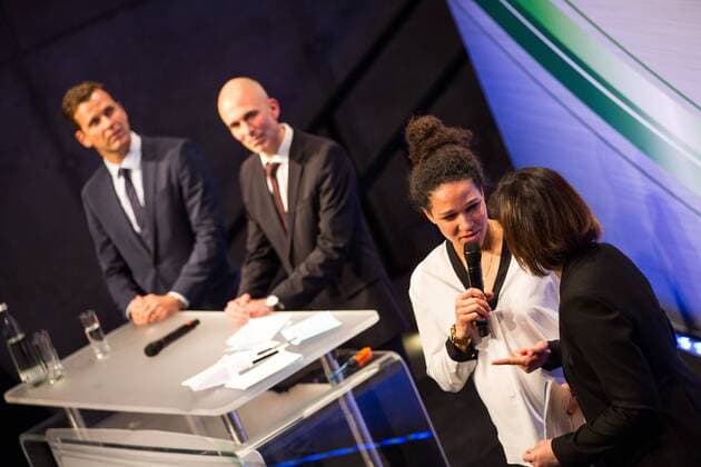 GER, Verleihung Integrationspreis 14.03.2016, Dortmund, Deutsches Fussball Museum, Verleihung des Integrationspreises, im Bild Oliver Bierhoff (Manager Nationalmannschaft), Dirk Jakobs (Daimler AG) Celia Sasic ( DFB-Integrationsbotschafterin) nphxRauch