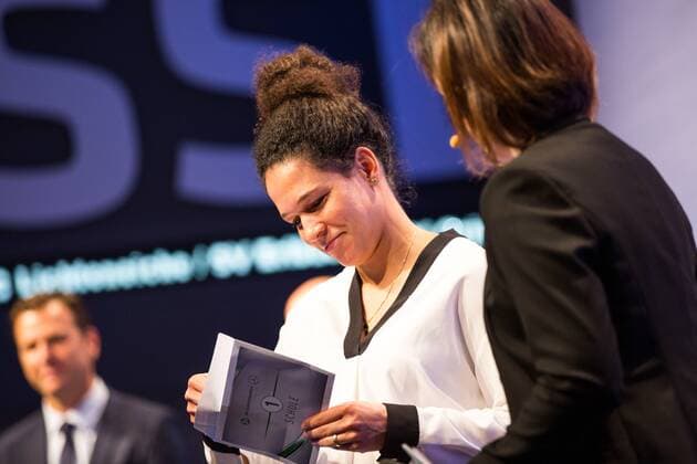 GER, Verleihung Integrationspreis 14.03.2016, Dortmund, Deutsches Fussball Museum, Verleihung des Integrationspreises, im Bild Celia Sasic ( DFB-Integrationsbotschafterin) im Gespräch auf der Bühne nphxRauch
