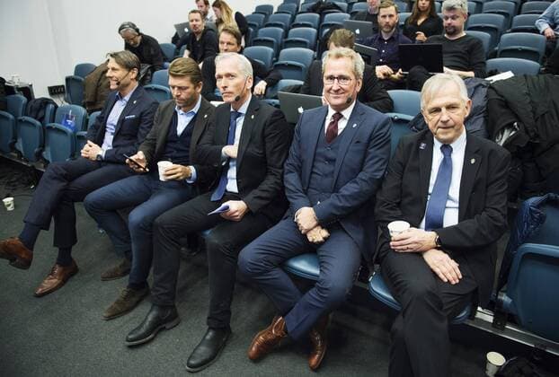 160315 Hakan Ericson, Nationaltrainer U21, Sveriges team manager Marcus Allbäck, Svenska Fotbollförbundets generalsekreterare Hakan Sjöstrand, Sveriges förbundskapten Erik Hamren och landslagschefen Lars Richt - PK Nationalteam Schweden, Stockholm.   Copyright: JOELxMARKLUND BB160315JM018