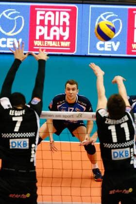 Berlin s Nicolas Le Goff, Roeselare s Piotr Orczyk and Berlin s Tsimafei Zhukouski fight for the ball during the first leg volleyball game between Belgian team Roeselare and German team Berlin during the semi finals of the CEV European Volleyball competition, Tuesday 15 March 2016, in Roeselare. KURTxDESPLENTER  x04812044x