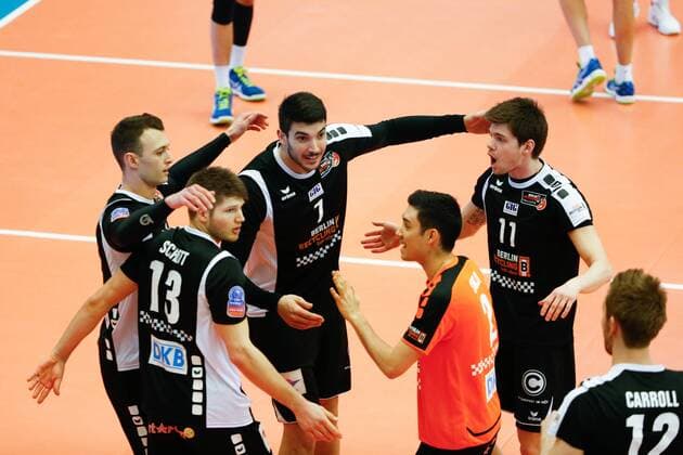 Berlin s players celebrate after scoring during the first leg volleyball game between Belgian team Roeselare and German team Berlin during the semi finals of the CEV European Volleyball competition, Tuesday 15 March 2016, in Roeselare. KURTxDESPLENTER  x04812039x