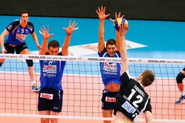 Roeselare s Matthijs Verhanneman, Roeselare s Tomas Rousseaux and Berlin s Paul Carroll fight for the ball during the first leg volleyball game between Belgian team Roeselare and German team Berlin during the semi finals of the CEV European Volleyball competition, Tuesday 15 March 2016, in Roeselare. KURTxDESPLENTER  x04812026x