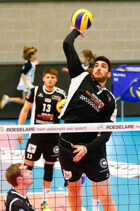 Berlin s Nicolas Le Goff fights for the ball during the first leg volleyball game between Belgian team Roeselare and German team Berlin during the semi finals of the CEV European Volleyball competition, Tuesday 15 March 2016, in Roeselare. KURTxDESPLENTER  x04812049x
