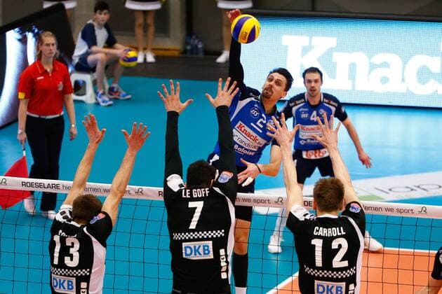Berlin s Ruben Schott, Berlin s Nicolas Le Goff, Roeselare s Hendrik Tuerlinckx and Berlin s Paul Carroll fight for the ball during the first leg volleyball game between Belgian team Roeselare and German team Berlin during the semi finals of the CEV European Volleyball competition, Tuesday 15 March 2016, in Roeselare. KURTxDESPLENTER  x04812021x
