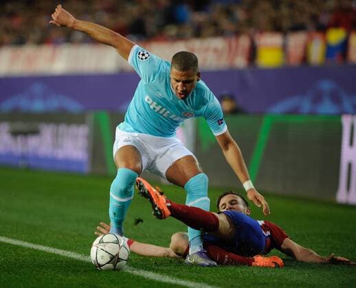 PSV Eindhoven Defender, Jeffrey Bruma, number 5 . Atletico de Madrid Midfielder, Saul Niguez Esclapez, number 17. Round Round of 16 2nd of the CHAMPIONS league, soccer match between Atletico de Madrid - PSV Eindhoven at the Vicente Calderon estadium, Madrid - Spain by March 15, 2016. PHOTO: Gregorio Lopez.  xGregorioxLopezx x SOCCERxSPAINx