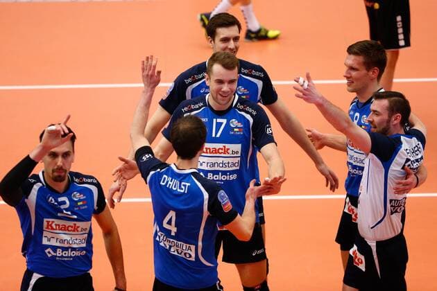 Roeselare s players celebrate after scoring during the first leg volleyball game between Belgian team Roeselare and German team Berlin during the semi finals of the CEV European Volleyball competition, Tuesday 15 March 2016, in Roeselare. KURTxDESPLENTER  x04811986x