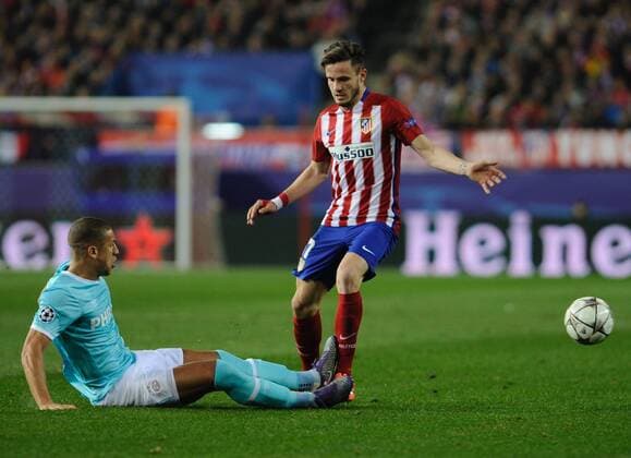 Fußball, Champions League, Atletico Madrid - PSV Eindhoven Atletico de Madrid Midfielder, Saul Niguez Esclapez, number 17 . PSV Eindhoven Defender, Jeffrey Bruma, number 5. Round Round of 16 2nd of the CHAMPIONS league, soccer match between Atletico de Madrid - PSV Eindhoven at the Vicente Calderon estadium, Madrid - Spain by March 15, 2016. PHOTO: Gregorio Lopez.  xGregorioxLopezx x SOCCERxSPAINx