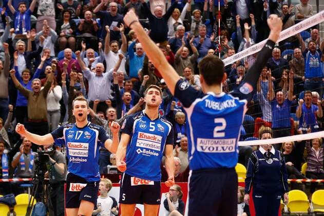 Roeselare s Piotr Orczyk, Roeselare s Pieter Coolman and Roeselare s Hendrik Tuerlinckx celebrate after scoring during the first leg volleyball game between Belgian team Roeselare and German team Berlin during the semi finals of the CEV European Volleyball competition, Tuesday 15 March 2016, in Roeselare. KURTxDESPLENTER  x04812078x