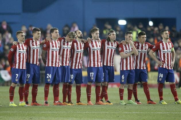 Fußball, Champions League, Atletico Madrid - PSV Eindhoven Atletico de Madrid s Antoine Griezmann, Lucas Hernandez, Jose Maria Gimenez, Fernando Torres, Juanfran Torres, Saul Niguez, Filipe Luis, Koke Resurrecccion, Matias Kranevitter and Gabi Fernandez during UEFA Champions League match. March 15,2016. (2016031519)