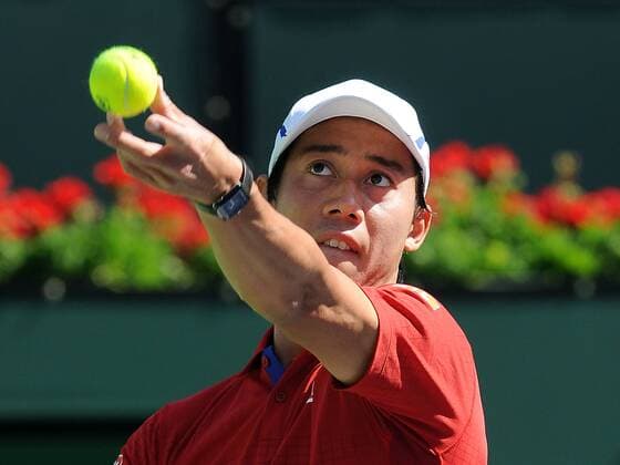 15 March 2016: Kei Nishikori (JPN) serving in a third round match against Steve Johnson (USA) during the BNP Paribas Open played at the Indian Wells Tennis Garden in Indian Wells, CA. (Photo By John Cordes Icon Sportswire) TENNIS: MAR 15 BNP Paribas Open Icon506160315004 EDITORIAL USE ONLY
