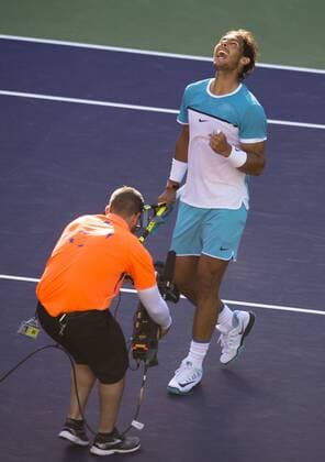 (160316) -- INDIAN WELLS, March 16, 2016 -- Rafael Nadal (R) of Spain celebrates after his third round men s singles against Fernando Verdasco of Spain at the BNP Paribas Open in Indian Wells, the United States, on March 15, 2016. Nadal won by 6-0, 7-6(9). Yang Lei) (SP)US-INDIAN WELLS-TENNIS-BNP PARIBAS OPEN YangxLeixfromxChongqing 