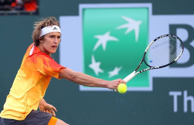 March 16, 2016: Alexander Zverev of Germany returns a shot against Rafael Nadal of Spain during the 2016 BNP Paribas Open at Indian Wells Tennis Garden in Indian Wells, California. TENNIS 2016: BNP Paribas Open MAR 16 - ZUMAcb8_