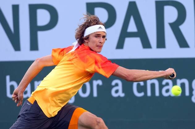 March 16, 2016: Alexander Zverev of Germany returns a shot against Rafael Nadal of Spain during the 2016 BNP Paribas Open at Indian Wells Tennis Garden in Indian Wells, California. TENNIS 2016: BNP Paribas Open MAR 16 - ZUMAcb8_
