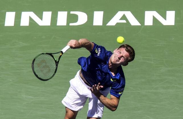 INDIAN WELLS, March 17, 2016 -- David Goffin of Belgium serves during the men s singles quaterfinal against Marin Cilic of Croatia at the BNP Paribas Open tennis tournament in Indian Wells, California, the United States, March 17, 2016. Goffin won 7-6, 6-2. ) (SP)US-INDIAN WELLS-TENNIS-BNP PARIBAS OPEN ZhaoxHanrong 
