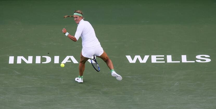 INDIAN WELLS, March 17, 2016 -- Victoria Azarenka of Belarus returns the ball against Magdalena Rybarikova of Slovakia during the women singles quaterfinals of the BNP Paribas Open tennis tournament in Indian Wells, California, the United States, March 17, 2016. Azarenka won 2-0. ) (SP)US-INDIAN WELLS-TENNIS-BNP PARIBAS OPEN ZhaoxHanrong 