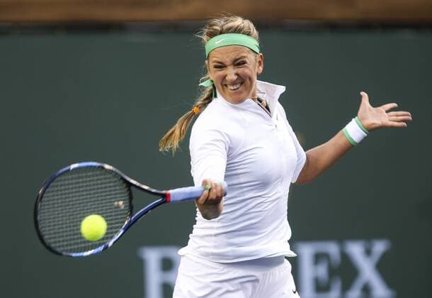 INDIAN WELLS, March 17, 2016 -- Victoria Azarenka of Belarus returns the ball against Magdalena Rybarikova of Slovakia during the women singles quaterfinals of the BNP Paribas Open tennis tournament in Indian Wells, California, the United States, March 17, 2016. Azarenka won 2-0. ) (SP)US-INDIAN WELLS-TENNIS-BNP PARIBAS OPEN ZhaoxHanrong 