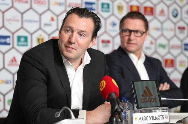 Belgium s head coach Marc Wilmots and Belgium s assistant coach Vital Borkelmans pictured during a press conference PK Pressekonferenz of Belgian national soccer team Red Devils head coach, Friday 18 March 2016, at the headquarters of the federation KBVB-URBSFA, in Brussels. Red Devils will play a friendly game against Portugal on 29 March, a preparation for upcoming Euro2016. VIRGINIExLEFOUR  x04814342x