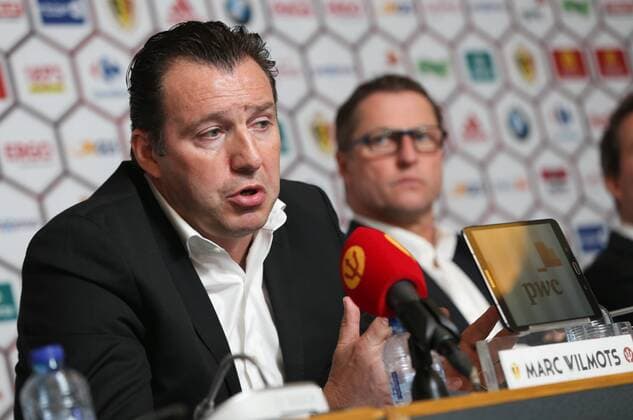 Belgium s head coach Marc Wilmots and Belgium s assistant coach Vital Borkelmans pictured during a press conference PK Pressekonferenz of Belgian national soccer team Red Devils head coach, Friday 18 March 2016, at the headquarters of the federation KBVB-URBSFA, in Brussels. Red Devils will play a friendly game against Portugal on 29 March, a preparation for upcoming Euro2016. VIRGINIExLEFOUR  x04814311x
