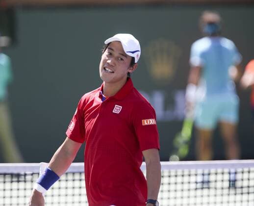 March 18, 2016 - Los Angeles, California, U.S - Kei Nishikori of Japan in actions against Rafael Nadal of Spain during the men singles semifinal of the BNP Paribas Open tennis tournament on Friday, March 18, 2016 in Indian Wells, California. Nadal won 6-4, 6-3. (Photo by BNP Paribas Open 2016 Men Singles Semifinal - ZUMAc68_