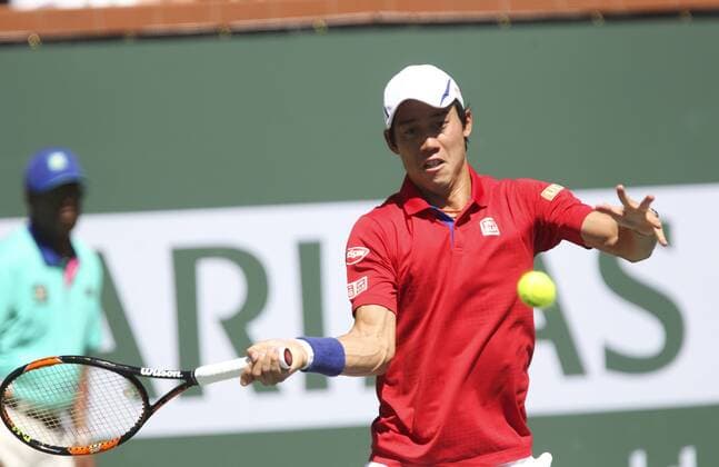 March 18, 2016 - Los Angeles, California, U.S - Kei Nishikori of Japan in actions against Rafael Nadal of Spain during the men singles semifinal of the BNP Paribas Open tennis tournament on Friday, March 18, 2016 in Indian Wells, California. Nadal won 6-4, 6-3. (Photo by BNP Paribas Open 2016 Men Singles Semifinal - ZUMAc68_