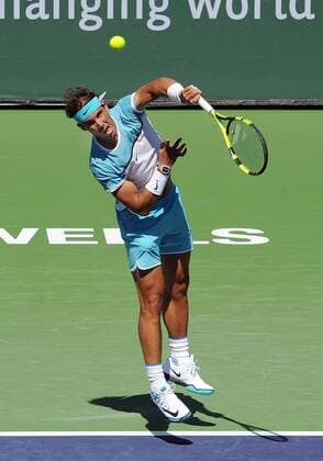 18 Mar. 2016: Rafael Nadal (ESP) serving during a quarterfinals match against Kei Nishikori (JPN) during the BNP Paribas Open played at the Indian Wells Tennis Garden in Indian Wells, CA. (Photo By John Cordes Icon Sportswire) TENNIS: MAR 18 BNP Paribas Open Icon506160318009 EDITORIAL USE ONLY