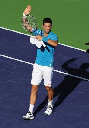 18 Mar. 2016: Novak Djokovic (SRB) waves to the cheering fans after defeating Jo-Wilfried Tsonga (FRA) 7-6(2), 7-6(2) to advance to the semifinals of the BNP Paribas Open played at the Indian Wells Tennis Garden in Indian Wells, CA. (Photo By John Cordes Icon Sportswire) TENNIS: MAR 18 BNP Paribas Open Icon506160318065 EDITORIAL USE ONLY