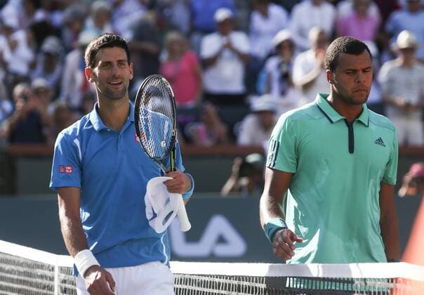 March 18, 2016 - Los Angeles, California, U.S - Novak Djokovic, left, of Serbia, greets with Jo-Wilfried Tsonga of of France after winning the men singles semifinal of the BNP Paribas Open tennis tournament on Friday, March 18, 2016 in Indian Wells, California. Tennis 2016 - BNP Paribas Open - Men Singles Semifinal - ZUMAc68_