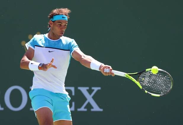 March 18, 2016: Rafael Nadal of Spain returns a shot against Kei Nishikori of Japan during the 2016 BNP Paribas Open at Indian Wells Tennis Garden in Indian Wells, California. TENNIS 2016: BNP Paribas Open MAR 18 - ZUMAcb8_