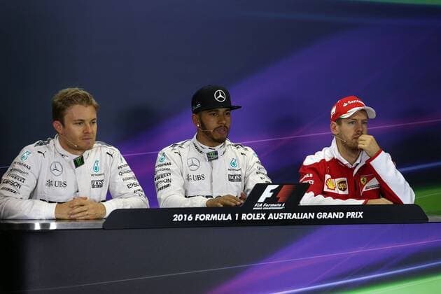 Australian Grand Prix, Melbourne 17 - 20 March 2016 19.03.2016 - Qualifying, press conference PK Pressekonferenz Nico Rosberg (GER) Mercedes AMG F1 W07 Hybrid, Lewis Hamilton (GBR) Mercedes AMG F1 W07 Hybrid and Sebastian Vettel (GER) Scuderia Ferrari SF16-H 