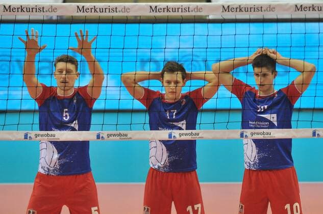 19.03.2016, xtkx, Volleyball 1.Bundesliga Playoffs, United Volleys - TV Ingersoll Bühl, emspor v.l. Lukas Bauer (United Volleys), Jan Zimmermann (United Volleys) , Moritz Reichert (United Volleys) ,
