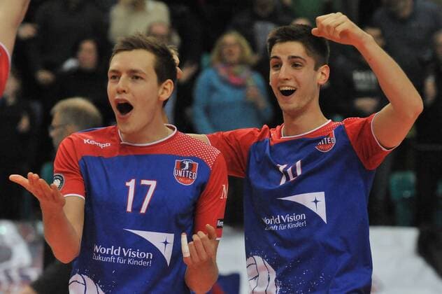 19.03.2016, xtkx, Volleyball 1.Bundesliga Playoffs, United Volleys - TV Ingersoll Bühl, emspor v.l. Jan Zimmermann (United Volleys) , Moritz Reichert (United Volleys) ,