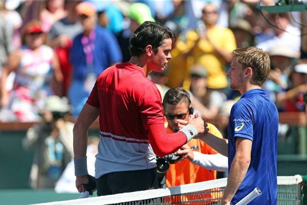 March 19, 2016: Milos Raonic of Canada is congratulated by David Goffin of Belgium in the semi finals of the 2016 BNP Paribas Open at Indian Wells Tennis Garden in Indian Wells, California. TENNIS 2016: BNP Paribas Open MAR 19 - ZUMAcb8_